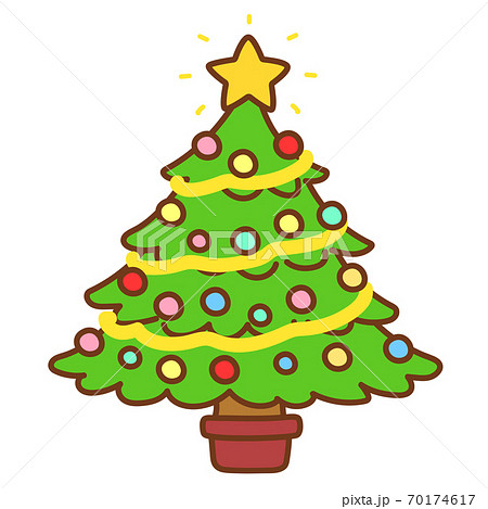 シンプルで可愛い飾りつけされたクリスマスツリーのイラスト 主線ありのイラスト素材