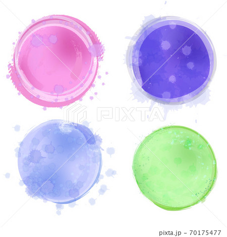 Set of vector round watercolor imitation stains of different colors isolated on a white background.Colorful round blots with splashes and drips of paint. Blank for the design of banners or flyers Set of vector round watercolor imitation stains of different colors isolated on a white background.Colorful round blots with splashes and drips of paint. Blank for the design of banners or flyers 70175477