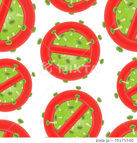 Vector seamless pattern of ncov-2019 green viruses with nipples blocked by red stop signs isolated on white background.Texture for printing on paper antiviral drugs. Stop the concept of coronavirus 70175500