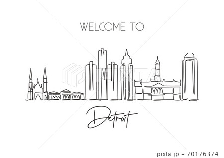 One single line drawing of Detroit city skyline, United States One single line drawing of Detroit city skyline, United States 70176374