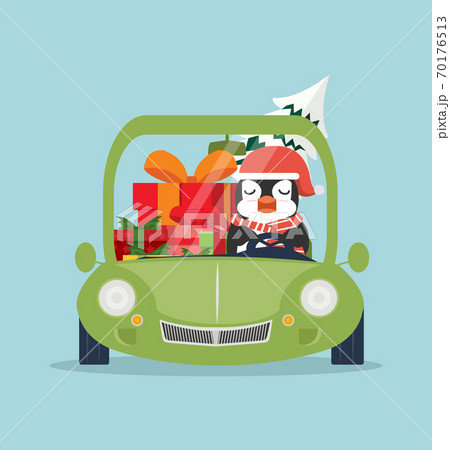 Cute penguin driving Green car with gift boxes 70176513