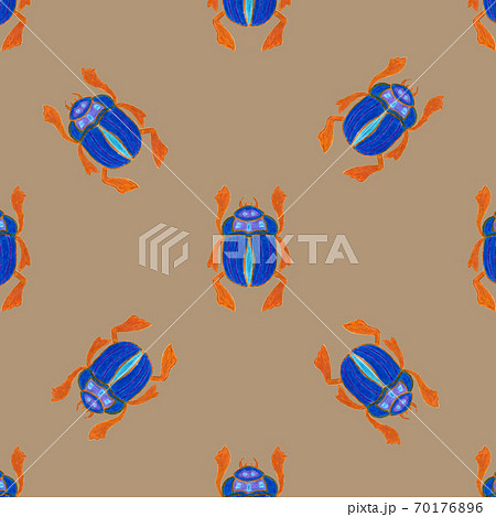 Blue scarab isolated on beige background. Seamless pattern with Bug insect, Beetles. Design for wrapping paper, cover, greeting card, wallpaper, fabric 70176896
