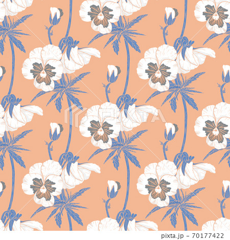 White floral seamless pattern with hand drawn pansy flowers on pink background. Stock vector White floral seamless pattern with hand drawn pansy flowers on pink background. Stock vector 70177422