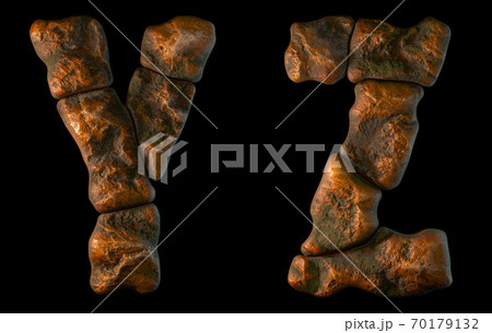 Set of rocky letters A, B. Font of stone on black background. 3d 70179132