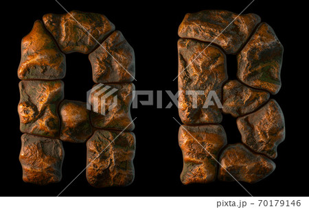 Set of rocky letters A, B. Font of stone on black background. 3d Set of rocky letters A, B. Font of stone on black background. 3d 70179146