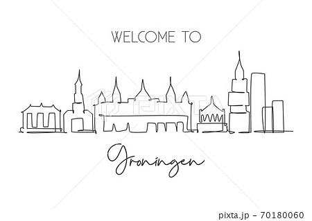 One single line drawing of Groningen city skyline, Netherlands 70180060