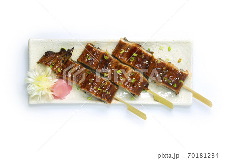 Unagi Don Grilled Eel Skewer delicious dish decorate pickled ginger carved Leek Unagi Don Grilled Eel Skewer delicious dish decorate pickled ginger carved Leek 70181234