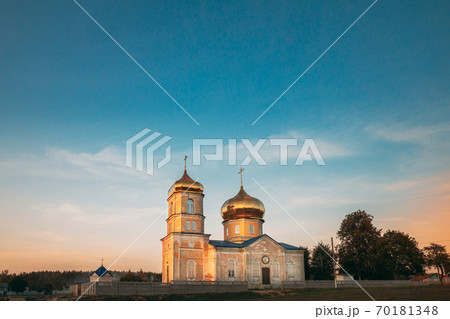 Cheretyanka, Gomel Region, Belarus. Dormition Of Theotokos Church At Sunset Or Sunrise Time Cheretyanka, Gomel Region, Belarus. Dormition Of Theotokos Church At Sunset Or Sunrise Time 70181348