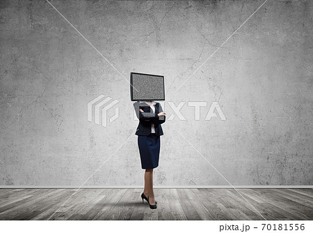 Business woman with TV instead of head. Business woman with TV instead of head. 70181556