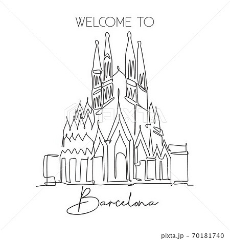 One single line drawing of welcome to Basilica de la Sagrada Familia landmark 70181740
