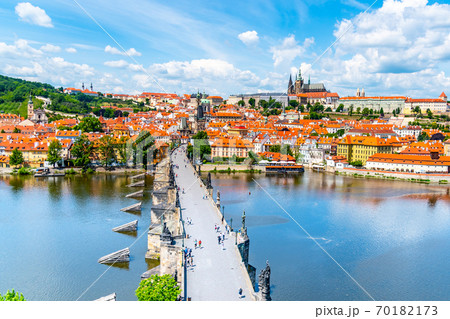 Prague panorama with Prague Castle, and Charles Bridge over Vltava River. View from Old Town Bridge Tower, Czech Republic 70182173