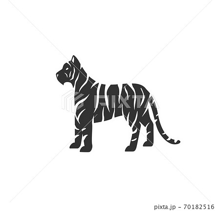 Tiger silhouette vector illustration. Black and white striped wild cat logo. Isolated on white background Tiger silhouette vector illustration. Black and white striped wild cat logo. Isolated on white background 70182516