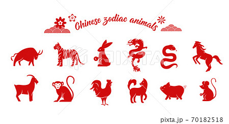 Chinese zodiac animal collection. Twelve asian new year red character logos set isolated on white background. Vector illustration of astrology calendar horoscope symbols 70182518
