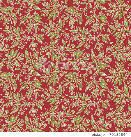 Floral seamless pattern with leaves and berries in wine red, green and cream colors 70182844
