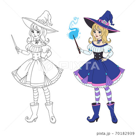 Beautiful anime witch holding magic wand. Hand drawn vector illustration 70182939