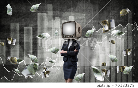 Business woman with old TV instead of head. 70183278
