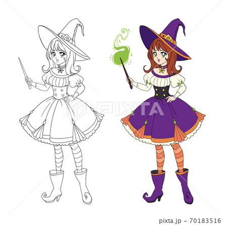 Beautiful anime witch holding magic wand. Hand drawn vector illustration Beautiful anime witch holding magic wand. Hand drawn vector illustration 70183516