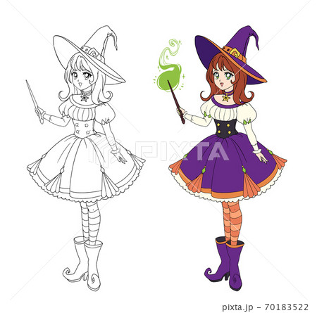 Beautiful anime witch holding magic wand. Hand drawn vector illustration Beautiful anime witch holding magic wand. Hand drawn vector illustration 70183522