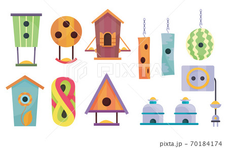 Collection of bird houses. Cartoon vector birdhouse or wooden house for birds. Set of hanging nesting boxes for garden and home decor in flat design. Decorative flat vector icons 70184174