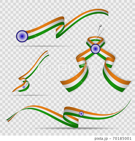Flag of India. 15th of August. Blue Ashoka wheel. Chakra. Set of realistic wavy ribbons in colors of indian flag on transparent background. Independence day. National symbol. Vector illustration. Flag of India. 15th of August. Blue Ashoka wheel. Chakra. Set of realistic wavy ribbons in colors of indian flag on transparent background. Independence day. National symbol. Vector illustration. 70185001