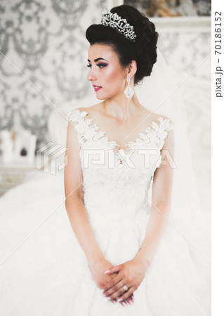 Portrait of beautiful bride with fashion veil at wedding morning 70186152