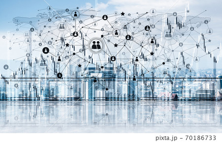 Concept of global communication and networking with world map over cityscape Concept of global communication and networking with world map over cityscape 70186733
