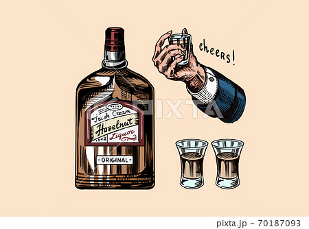 Glass Bottle of liquor. Hand with a shot. Toast cheers. Strong drink. American badge. Alcoholic Glass Bottle of liquor. Hand with a shot. Toast cheers. Strong drink. American badge. Alcoholic 70187093