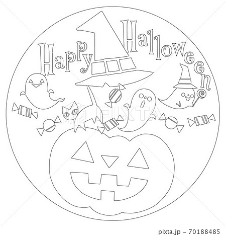 ハロウィンマークぬり絵 ジャックオランタンから飛び出すキャンディー 黒猫 おばけたちのイラスト素材