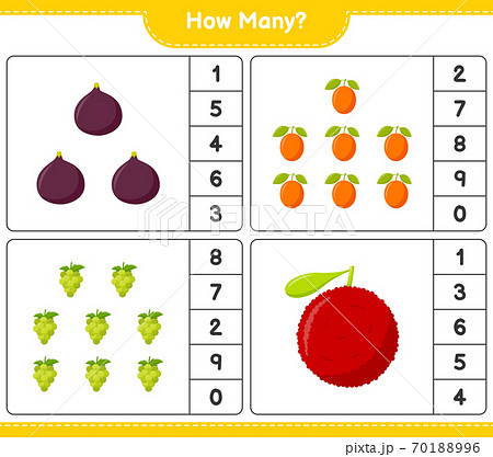 Counting game, how many fruits. Educational children game, printable worksheet, vector illustration 70188996
