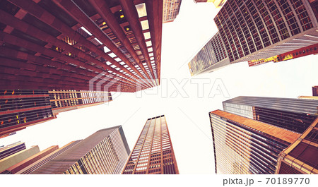 Looking up at Manhattan row of towers, New York City, USA. 70189770