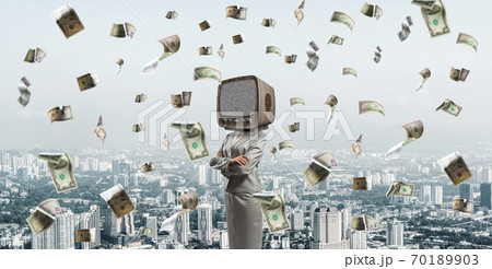 Business woman with old TV instead of head. Business woman with old TV instead of head. 70189903