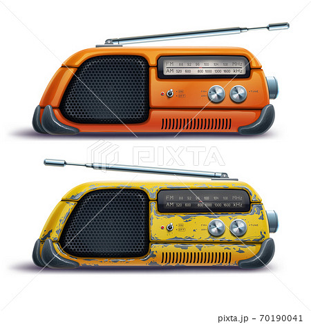 Old orange radio receiver isolated over white background, yellow retro tape recorder. Fun vintage antique music device, audio tuner, sound speaker. Vector digital illustration. Old orange radio receiver isolated over white background, yellow retro tape recorder. Fun vintage antique music device, audio tuner, sound speaker. Vector digital illustration. 70190041