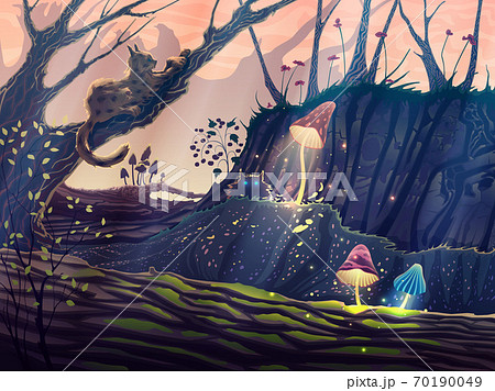 Magic forest summer landscape with fantasy trees, wild animals, cats, mushrooms, grass, flowers, beautiful outdoor illustration with sunset light beams Magic forest summer landscape with fantasy trees, wild animals, cats, mushrooms, grass, flowers, beautiful outdoor illustration with sunset light beams 70190049