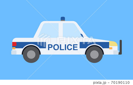 Police car in flat style. Side view, isolated on blue background. Police car in flat style. Side view, isolated on blue background. 70190110