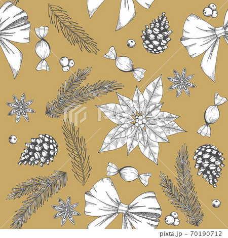 Vintage Christmas vector illustration. Seamless pattern with hand drawn winter s flowers and cones,xmas tree. 70190712