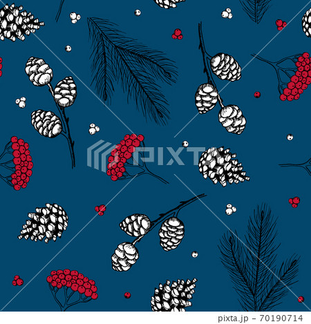 Vintage Christmas vector illustration. Seamless pattern with hand drawn winter s flowers and cones,xmas tree. 70190714
