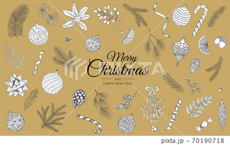 Sketch decoration xmas set. Christmas hand drawn vintage holly, toys, winter tree, winter s flowers and cones 70190718
