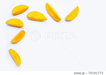 Tropical fruit, Mango slices on white background. Tropical fruit, Mango slices on white background. 70191775