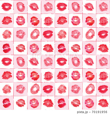 Watercolor hand painted isolated red lipstick kiss on white background seamless pattern. 70191956