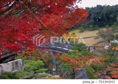 広島県三原三景園の太鼓橋と紅葉の写真素材