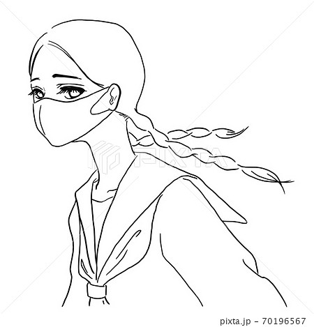 昭和レトロ風 マスクをした女子高校生 線画 昭和風味の令和のイラスト素材