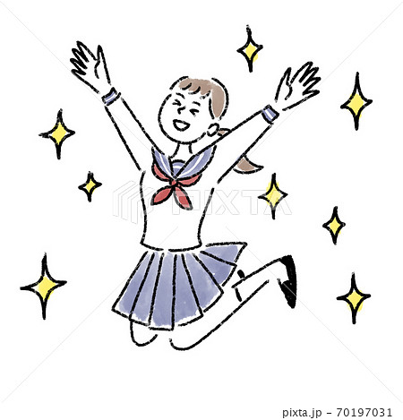 ジャンプ 喜ぶ 女の子 セーラー服 キラキラ 水彩 手描きのイラスト素材