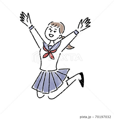 ジャンプ 喜ぶ 女の子 セーラー服 水彩 手描きのイラスト素材