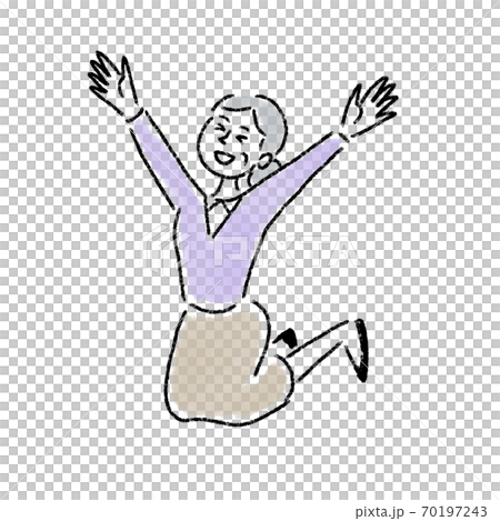 ジャンプ　喜ぶ　女性　シニア　水彩　手描き 70197243