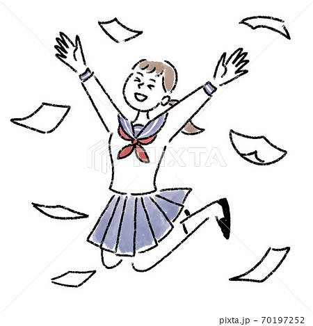 ジャンプ 喜ぶ 女の子 セーラー服 書類 水彩 手描きのイラスト素材