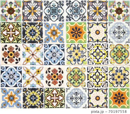 Colorful vintage ceramic tiles wall decoration.Turkish ceramic tiles wall background 70197558
