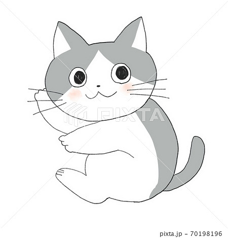 甘えた顔でこちらを見ているグレーのハチワレ猫のイラスト素材