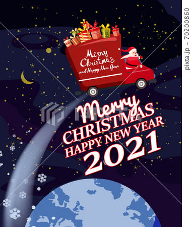 Santa Claus Van with text Merry Christmas and Happy New Year 2021 flies through the night sky above the Earth delivering shipping gifts. Flat cartoon style vector illustration 70200860