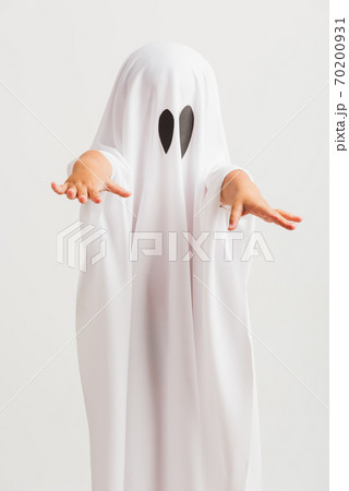little cute child with white dressed costume halloween ghost scary little cute child with white dressed costume halloween ghost scary 70200931
