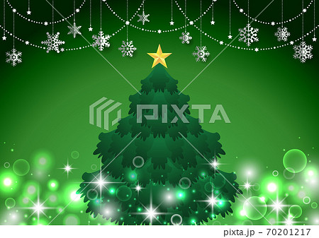 キラキラ クリスマスツリーと雪の結晶オーナメントのシンプルな風景 緑のイラスト素材